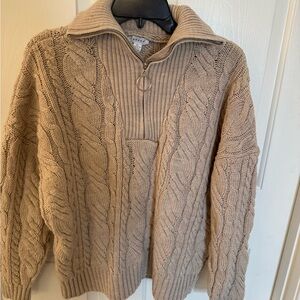 Topshop Oversize Cable Knit Half Zip Sweater, Oat- Women’s Small
